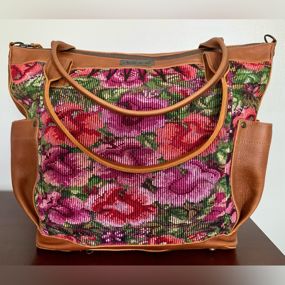 Nena and Co. New Large The Perfect Bag Cafe Leather Floral One Of A Kind Panel